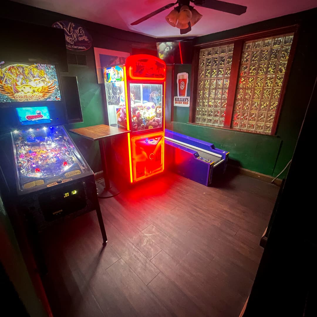The pinball corner of the upstairs game room
