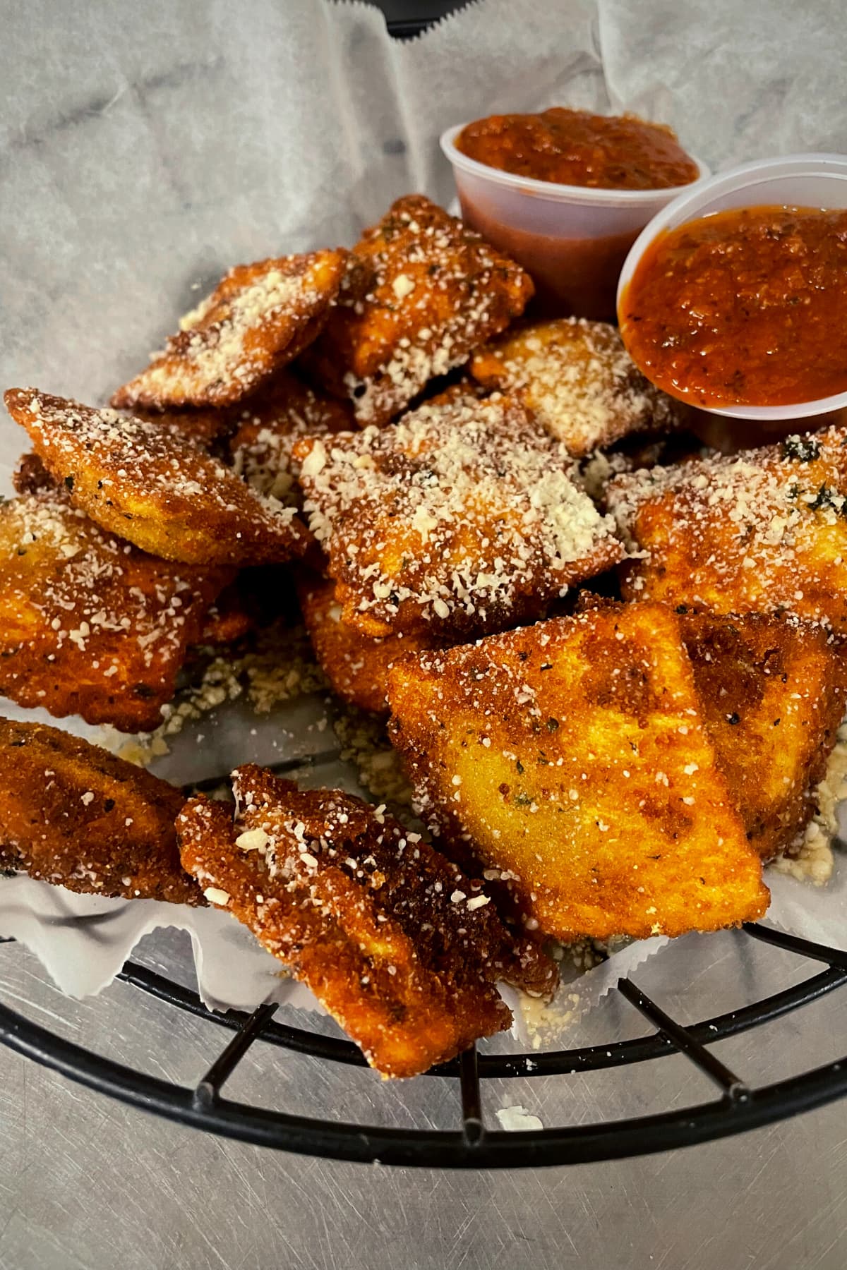 Toasted ravioli with a side of marinara